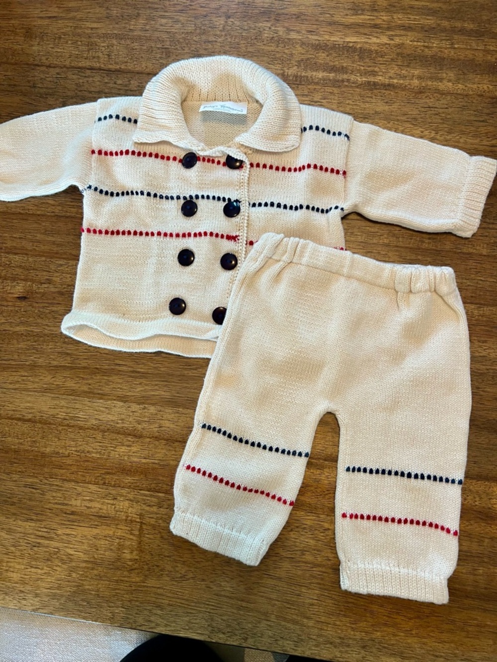 Baby’s Trousseau Cream Knit Baby Sweater & Pants Set with Navy and Red Trim 3 mo